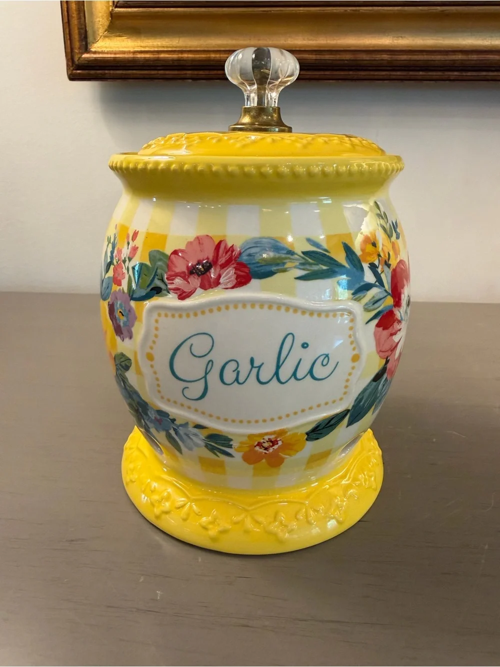Pioneer Woman Sweet Romance Garlic Keeper Clear Knob Lid Ceramic Yellow Kitchen